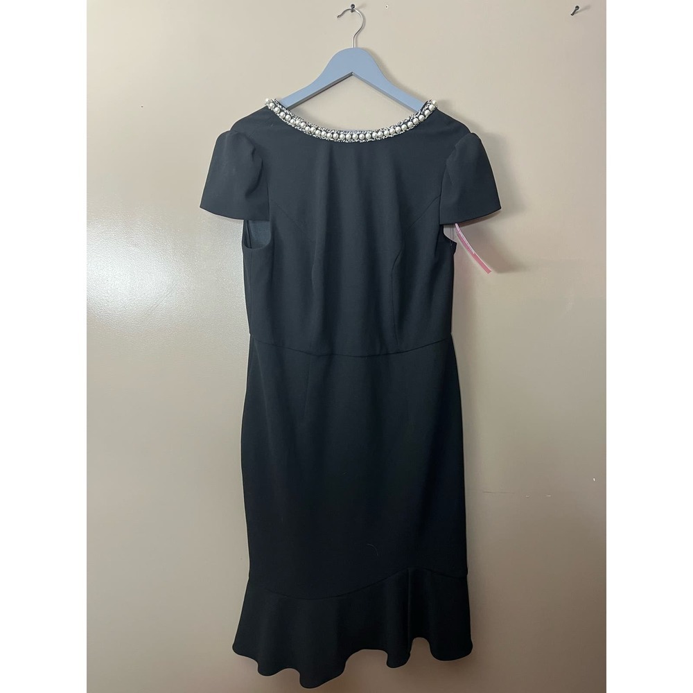 Betsey Johnson | Black Scuba Crepe Dress | Ruffled Hem and Pearl Trim | Size 14W